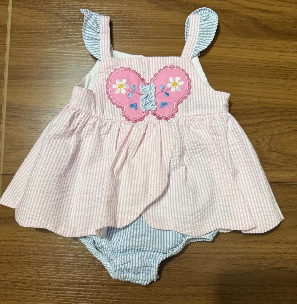 Blueberi Boulevard Pink Seersucker Butterfly Applique Romper Dress